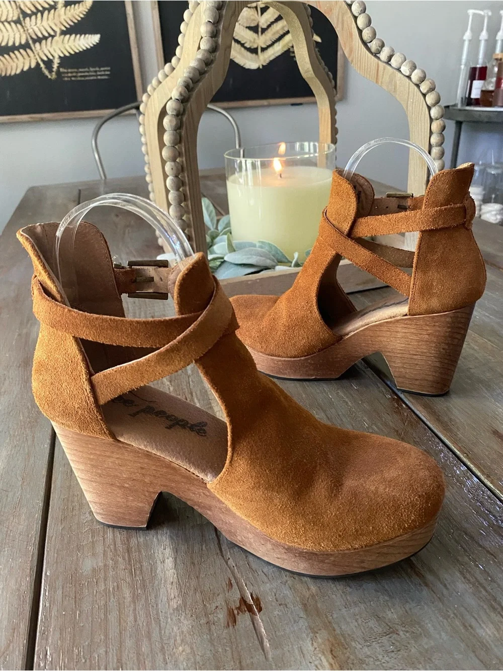 Free People Cedar‎ Clogs Leather Wooden Platform Ankle Boots Womens 36 Tan Brown